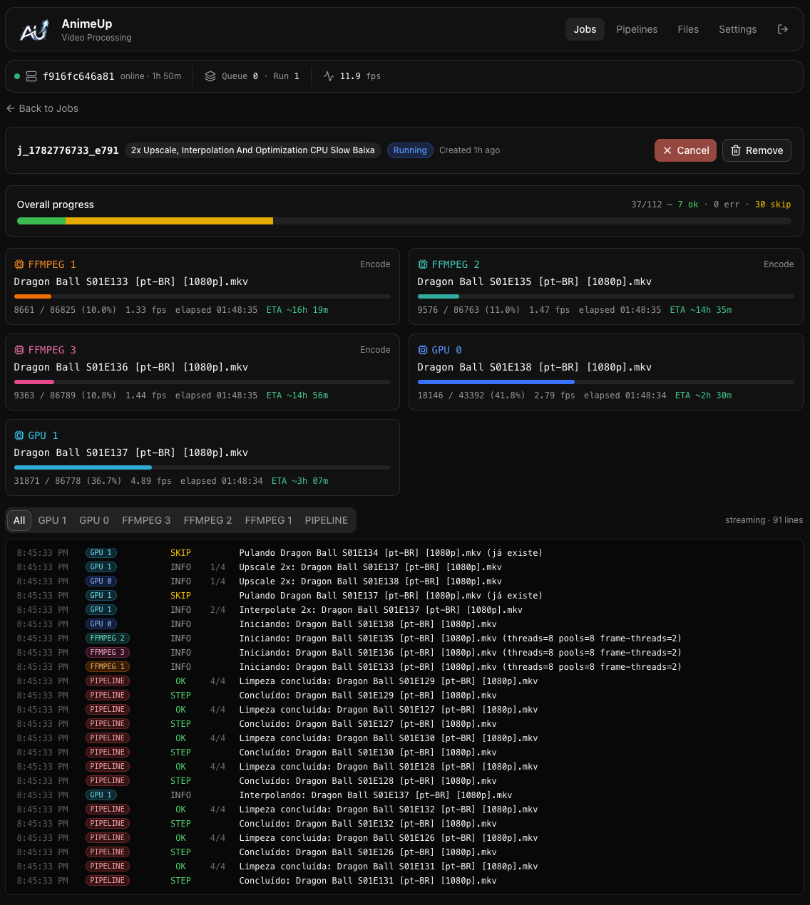 Job detail view with live logs and progress