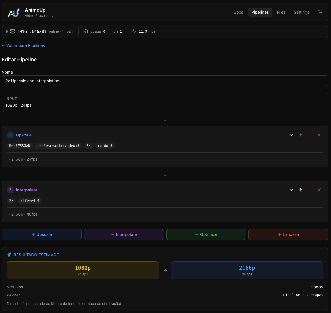 Pipeline editor showing a two-step chain with an estimated result of 1080p 24fps to 2160p 48fps